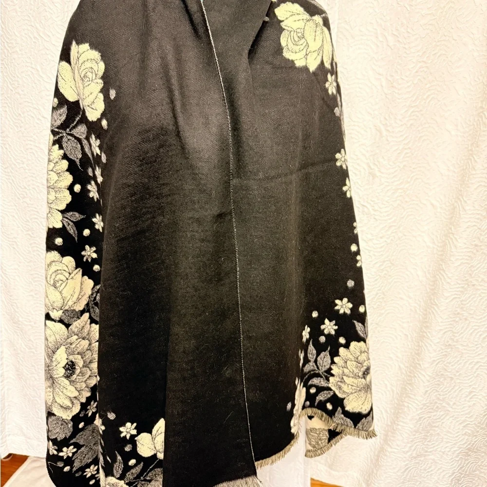 Large Floral Black and Cream Reversible Shawl,Scarf, Poncho.